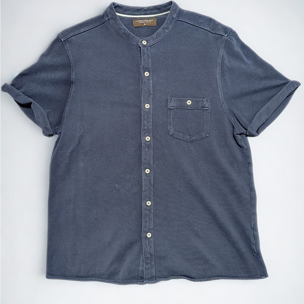 Faded Blue Short Sleeve Collarless ‘Grandad’ Button Shirt 100% Cotton Medium